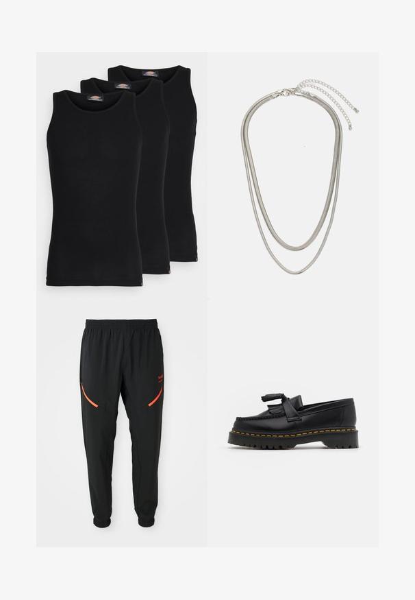 Zwarte tanktops in een verpakking van drie. Ribbelstructuur, standaard ronde halslijn, zonder mouwen. De zoom is voorzien van een klein merkembleem aan de onderkant.; Zwarte sportbroek met elastische tailleband en boorden, voorzien van schuine rode ritszakken en kleine rode merktekst op de rechterdij.; Zwarte leren loafers met een franjesaccent, voorzien van een dikke zwarte zool en gele stiksels langs de rand. Gevoelige afwerking.; Driedelige zilveren metalen halsketting met slanke, flexibele kettingen met een lichte glans, beveiligd met een karabijnhaak en een verstelbare ketting.