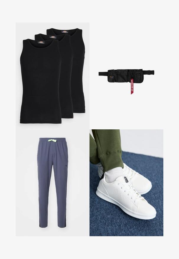 Schwarze Tanktops im Dreierpack. Gerippte Textur, klassischer Rundhalsausschnitt, ohne Ärmel. Der Saum hat am unteren Ende ein kleines Markenlogo.; Marineblaue Sweatpants aus weichem Material, ausgestattet mit einem elastischen Bund und einer hellgrünen Kordel sowie seitlichen schwarzen Akzenten.; Weiße Sneakers aus glattem Synthetikmaterial, mit perforierten Designelementen, schwarzem Fersenlasche und flacher weißer Gummisohle.; Schwarze Nylontasche für die Taille mit mehreren Reißverschlusstaschen und verstellbarem Gurt. Enthält ein rotes Etikett mit dem Text "ALPHA" und "ARRIVE BEFORE FLIGHT".