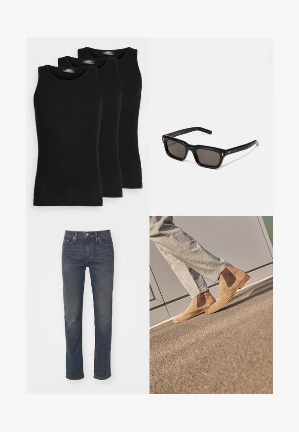 Juodi maikutai trijų pakuotėje. Raštuota tekstūra, standartinė apvalia iškirpte, be rankovių. Apačia papuošta mažuoju prekės ženklu.; Tamsiai mėlyni džinsai su tiesiu kojų kirpimu, turintys diržo kilpeles, vieno mygtuko uždarymą ir subtilų blukimo efektą.; Rudos zomšiniai Chelsea batai su elastiniais šonų paneliais ir lygia šviesiai rudos gumine padu, derinami su šviesiai pilkais kelnių ant tekstūruoto paviršiaus.; Juodos stačiakampės akinių nuo saulės su tamsiais objektyvais, storu plastiko rėmu, auksinėmis detalėmis ant šventyklų ir prekės ženklo logotipu išgraviruotu ant šono.