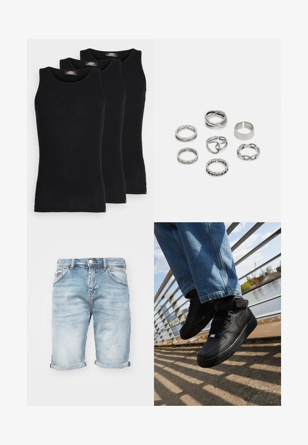 Fekete ujjatlan trikók három darabos kiszerelésben. Bordás textúra, klasszikus kerek nyakkivágás. Az alján kis márkajelzés található.; Világoskék farmer rövidnadrág, megkopott kivitelben, feltekerhető szegélyekkel, öt zsebből álló, fém gombos záródással, finom koptatással.; Fekete Nike Air Force 1 sportcipők bőr felsőrésszel, hálós nyelvvel és gumitalppal, magas szárú dizájnnal és vastag fűzőkkel.; Hét ezüst gyűrűből álló szett, különböző formákkal és szélességekkel, köztük csavart, összekapcsolt és gravírozott mintákkal.