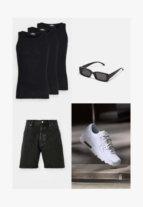 Débardeurs noirs vendus par pack de trois. Texture côtelée, encolure ras du cou standard, sans manches. L'ourlet présente un petit logo de la marque en bas.; Shorts en denim noir avec une taille haute, un design à cinq poches, des boutons en cuivre et un ourlet brut. Le tissu a une légère texture avec un effet dégradé.; Baskets blanches en cuir avec des surfaces texturées, un col rembourré et un amorti d'air visible dans la semelle. Elles possèdent des lacets et un design minimaliste.; Lunettes de soleil noires rectangulaires avec des verres foncés, finition brillante, larges branches et un design de monture épaisse. Nom de marque gravé sur une branche.