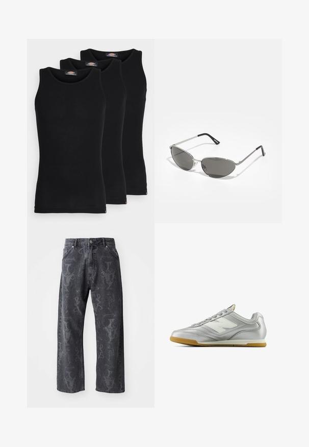 Sorte tanktopper i en pakke med tre. Ribbet tekstur, standard rund hals, uten ermer. Sømmen har en liten merkevarelogo nederst.; Mørkegrå denimbukser med vide ben, med et subtilt tonalt grafisk mønster og klassisk fem-lomme design. Standard knap- og lynlåslukning.; Sølv idrettssko med en glatt, blank overflate, hvit logo på siden, teksturerte grå snører, og såle av gummigummi.; Solbriller med en slank, sølvmetallisk ramme, gråtonede linser og et aerodynamisk design med spisse kanter og tynne armer.