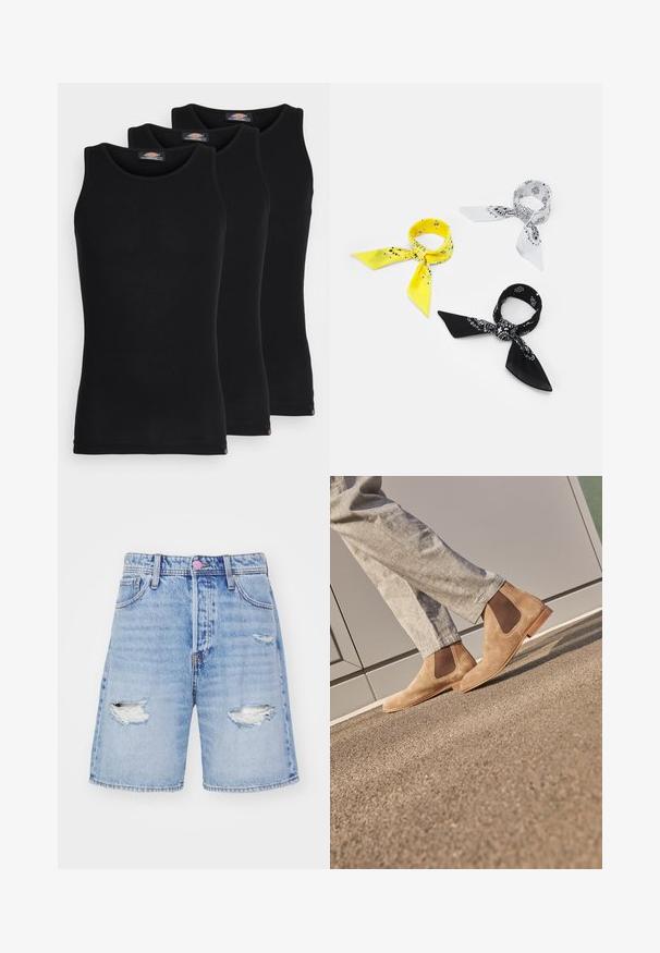 Fekete ujjatlan trikók három darabos kiszerelésben. Bordás textúra, klasszikus kerek nyakkivágás. Az alján kis márkajelzés található.; Világoskék farmer rövidnadrág, amelynek elhasználódott részletei vannak, szálkás szakadás és egyenes szabású kialakítással. Öt zsebet és gombos záródást tartalmaz.; Barna velúr Chelsea csizma, elasztikus oldalsó panelek és sima színezett gumitalp jellemzi, világosszürke nadrággal egy texturált felületen párosítva.; Három bandana: egy sárga fekete mintákkal, egy fehér fekete grafikával, és egy fekete fehér grafikával. Mind három négyzet alakú, könnyű anyagból készült.