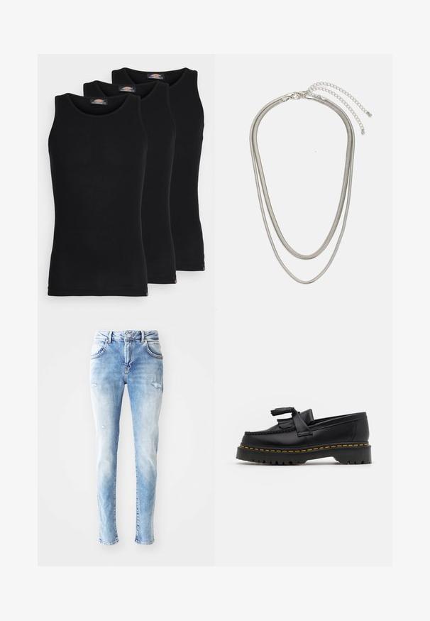 Černé tílka v balení po třech. Žebrovaná textura, standardní kulatý výstřih, bez rukávů. Spodní lem má malé logo značky.; Světle modré džíny z denimu s vybledlým povrchem, ozdobené poškozenými místy a klasickým pět pocket designem. Rovné nohavice s středním pasem.; Černé kožené mokasíny s třásněmi, se silnou černou podrážkou a žlutým prošíváním podél okraje. Texturovaný povrch.; Vícevrstvý stříbrný kovový náhrdelník s elegantními, flexibilními řetízky s jemným leskem, zabezpečený karabinkou a nastavitelným řetízkem.