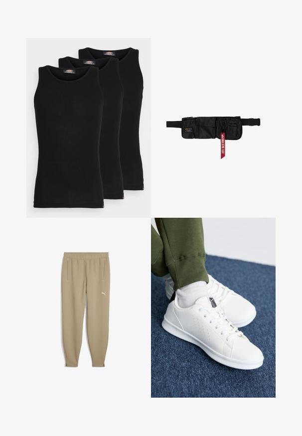 Czarne koszulki na ramiączkach w zestawie trzech sztuk. Wyróżniają się żebrową fakturą, standardowym okrągłym dekoltem, bez rękawów. Na dole widoczna mała logo marki.; Puma - Spodnie treningowe; Białe sneakersy wykonane z gładkiego syntetycznego materiału, z perforowanymi akcentami, czarną pętelką na pięcie i płaską białą gumową podeszwą.; Czarna nylonowa nerka z wieloma zamykanymi na zamek kieszeniami i regulowanym paskiem. Posiada czerwoną metkę z napisem "ALPHA" oraz tekstem "ARRIVE BEFORE FLIGHT".