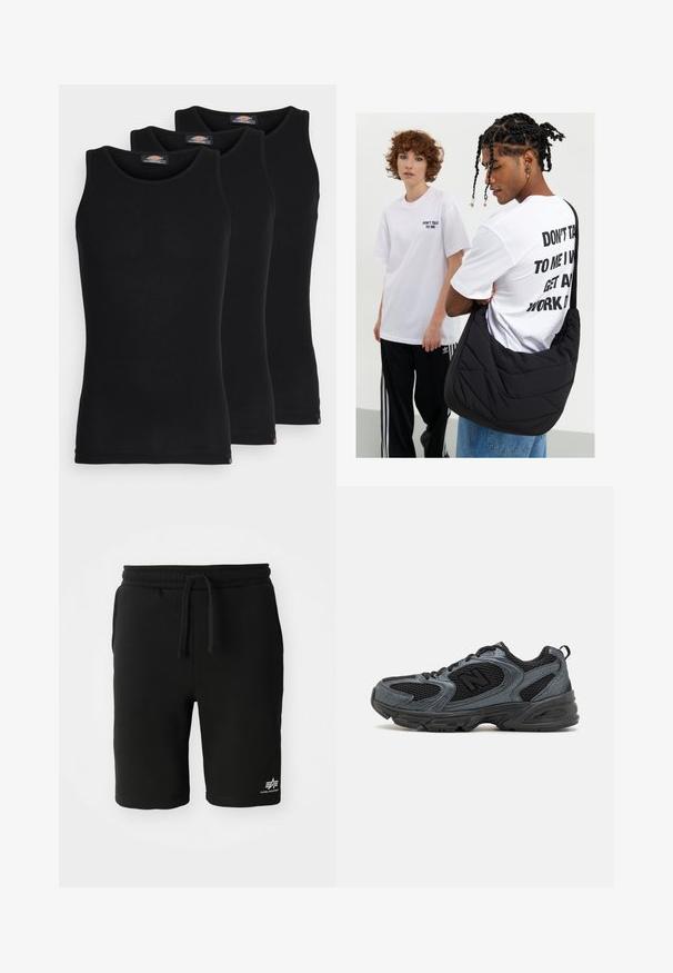 Débardeurs noirs vendus par pack de trois. Texture côtelée, encolure ras du cou standard, sans manches. L'ourlet présente un petit logo de la marque en bas.; Shorts en coton noir avec un élastique à la taille, cordon de serrage, poches latérales et un détail de logo blanc en bas de l'ourlet. Texture lisse.; Baskets de sport noires et grises avec un dessus en maille texturée, semelle en caoutchouc et design de soutien. Comprend un logo et un système de laçage.; Sac en bandoulière noir en tissu matelassé avec une texture douce, porté par une personne vêtue d'un T-shirt blanc à motifs graphiques avec un texte en gras. Tenue décontractée avec un jean.