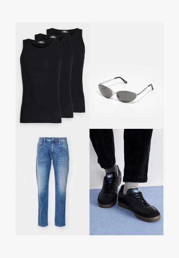 Črne majice brez rokavov v paketu treh. Rebrasta struktura, standardni okrogel izrez, brez rokavov. Rob ima majhen logotip blagovne znamke na dnu.; Svijetloplave traperice s ravnim krojem, dizajnom s pet džepova, blagim izbljedjivanjem i standardnim pojasom s gumbom.; Črne teniske iz semiša in usnja, z modrim logotipom in rjavim gumijastim podplatom. V kombinaciji z sivimi nogavicami in kordno hlačami.; Sončna očala z elegantnim srebrnim kovinskim okvirjem, sivi zasenčeni leči in aerodinamičnim oblikovanjem, ki vključuje ostri robovi in tanke ročke.; Srebrn toniran kovinski uhani z obliko zavitih verig in okroglim obeskom s poliranim zaključkom.