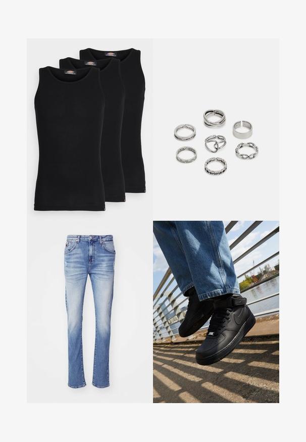 Camisetas sin mangas negras en un pack de tres. Textura acanalada, escote redondo estándar. El dobladillo presenta un pequeño logo de la marca en la parte inferior.; Vaqueros de mezclilla de un azul claro y diseño de pierna recta, con un lavado desvaído, estilo de cinco bolsillos y cierre de botonadura.; Zapatillas Nike Air Force 1 negras con parte superior de cuero, lengua de malla y suela de goma, que presentan un diseño de caña alta y cordones gruesos.; Conjunto de siete anillos de plata con diversos diseños, incluidos patrones retorcidos, enlazados y grabados. Diferentes formas y anchos.