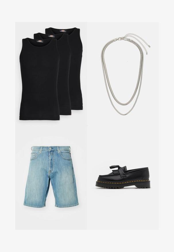 Černé tílka v balení po třech. Žebrovaná textura, standardní kulatý výstřih, bez rukávů. Spodní lem má malé logo značky.; Světlé modré džínové šortky s pěti kapsami, rovného střihu a mírně rozpadlým lemem. Disponují zapínáním na knoflík a poutky na pásek.; Černé kožené mokasíny s třásněmi, se silnou černou podrážkou a žlutým prošíváním podél okraje. Texturovaný povrch.; Vícevrstvý stříbrný kovový náhrdelník s elegantními, flexibilními řetízky s jemným leskem, zabezpečený karabinkou a nastavitelným řetízkem.