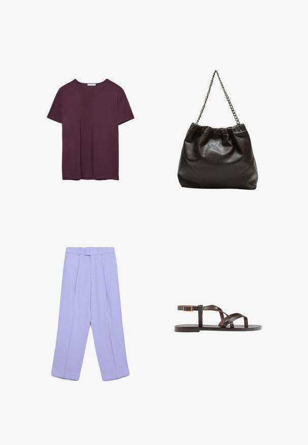 T-shirt a maniche corte con scollo rotondo in un profondo borgogna, mostrato in piano su uno sfondo bianco.; Pantaloni tailored in lilla a vita alta con passanti per cintura, pieghe frontali, tasche laterali, chiusura lampo e orli larghi con risvolto.; Sandal in pelle marrone con cinturini incrociati, chiusura con cinturino alla caviglia e suola piatta con dettagli di cucitura minimi.; Borsa in pelle marrone con parte superiore arricciata e tracolla a catena. Texture liscia con finitura lucida e dettagli di cucitura sottili sui lati.