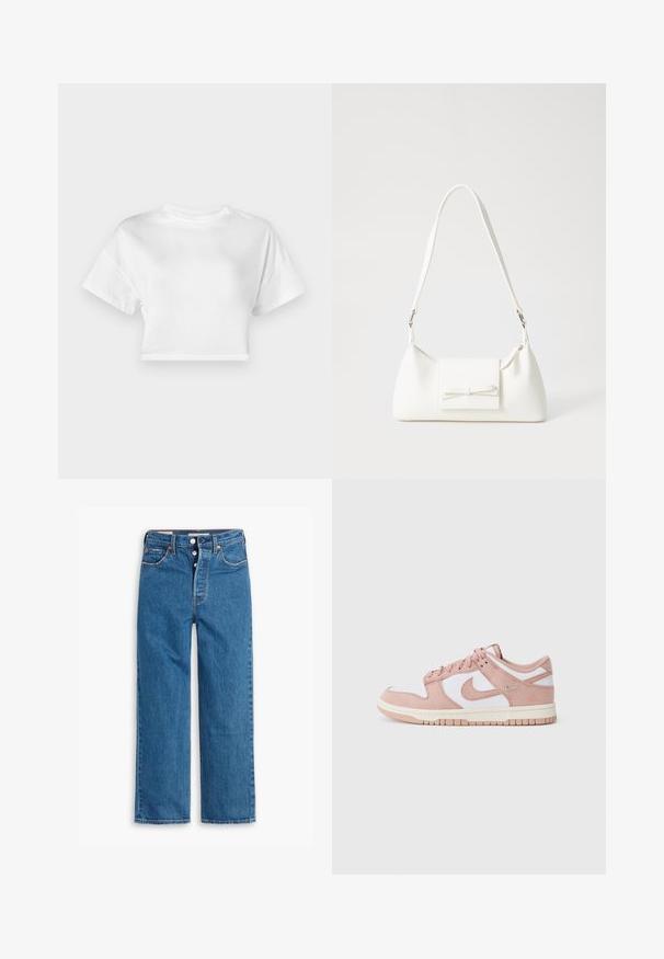 Vit kortärmad t-shirt i bomull. Korta ärmar, rund halsringning, slät textur, avslappnad design utan mönster eller dekorationer.; Blå denim raka jeans med hög midja, femficksdesign och knappgylf. Tydlig sömnad och kopparfärgade nitar.; Sneakern har en mjuk rosa mocka övre, vita läderpaneler och en texturerad gummisul. Anmärkningsvärt swoosh-logotyp på sidorna, snörningsdesign.; Vit syntetisk handväska med triangulär form, platt framklaff och rosettdetalj, justerbar rem, slät textur och minimalistisk design.