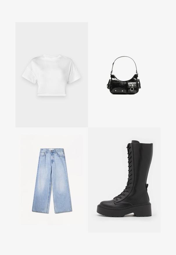 Hvid cropped t-shirt lavet af bomuld. Korte ærmer, rund halsudskæring, glat tekstur, afslappet design uden mønstre eller pynt.; Bershka WIDE-LEG - Wide leg - light-blue denim; Sorte knæhøje snørestøvler med en chunky platformsål, glat læderfinish og forstærket syning langs sømmene.; Sort patenteret læder håndtaske med en buet form, en skulderrem, frontlommer og hardware accenter i sølvfarve.