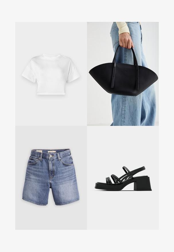 Tricou alb scurt din bumbac. Mâneci scurte, decolteu rotund, textură uniformă, design casual fără modele sau ornamente.; Șorturi din denim în nuanță deschisă de albastru, cu talie înaltă, cinci buzunare, închidere cu fermoar și nasture. Croială simplă, clasică, cu picioare drepte.; Sandale negre cu toc, dotate cu multiple curele subțiri și un toc bloc lat. Design elegant cu o textură mată. Tălpica are o ușoară curbă.; Geantă de piele neagră cu o formă unică de evantai, având mânere plate. Suprafața are o textură cu mici granule și un design minimalist.
