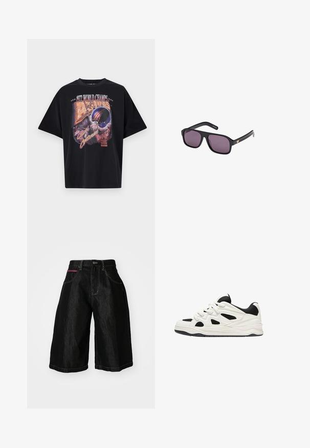 Černé bavlněné tričko s grafickým potiskem "1972 WORLD CHAMPS", designem helmy a nápisem "The Clash of Centuries" v živých barvách.; Černé džíny šortky s širokými nohavicemi, obsahující pět kapes, zapínání na knoflík a kontrastní prošití. Jedna kapsa má červený akcent.; Bílé a černé sportovní boty s texturovanou podrážkou, s výřezovými vzory na bocích a tkaničkami, a měkkým zadním dílem pro podporu.; Černé sluneční brýle s hranatým rámem, tmavými skly a zlatým logem na straně. Hladký plastový materiál s matným povrchem.
