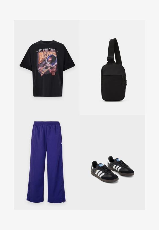 Svart t-shirt i bomull med grafiskt tryck av "1972 WORLD CHAMPS", en hjälmdesign och "The Clash of Centuries" i livfulla färger.; Lila, lätta träningsbyxor med elastisk midja och sidogläpplar nära fållen. Slät textur med en subtil lyster.; Svarta sneakers med övre del av mocka och syntetmaterial, med tre vita ränder, texturerad gummisula och blå logotags på tungan.; Svart axelväska gjord av slitstarkt tyg, med en justerbar rem, ett zip-försett huvudfack och en framficka.