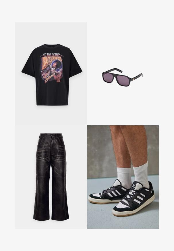 Černé bavlněné tričko s grafickým potiskem "1972 WORLD CHAMPS", designem helmy a nápisem "The Clash of Centuries" v živých barvách.; Široké kalhoty z černé kůže s hladkým povrchem, předními kapsami, poutky na opasek a jemnými vertikálními vzory na látce.; Černobílé tenisky s vrchní částí z semišové a kožené kůže, včetně tří bílých pruhů, perforovaného špičky a podrážky z gumy.; Černé sluneční brýle s hranatým rámem, tmavými skly a zlatým logem na straně. Hladký plastový materiál s matným povrchem.