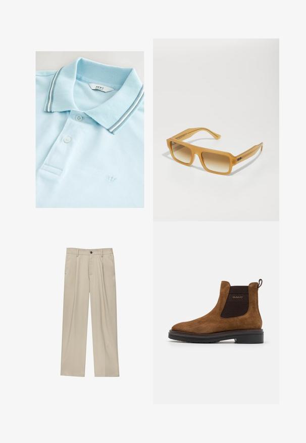 Lyseblå polo-shirt lavet af tekstureret stof. Har en klassisk krave med grå og hvide striber, to knapper og et lille kronemotiv.; Beige bukser med lige snit, der har en enkelt sort knap, bæltestropper og sidelommer. Glat stoftekstur og minimalistisk design.; Brune ruskind ankelstøvle med rund tå og elastiske sidepaneler. Har en sort tekstureret accent og en løkke på bagenden. Sort sål.; Rektangulære solbriller med en gennemsigtig amber-ramme. Gradient brune linser og markante stænger med et logo som accent. Glat, glansfuld finish.; Runde diamantøreringe i en fire-prongs metalindstilling. Klare, brilliante med høj glans, der viser et klassisk og enkelt design.