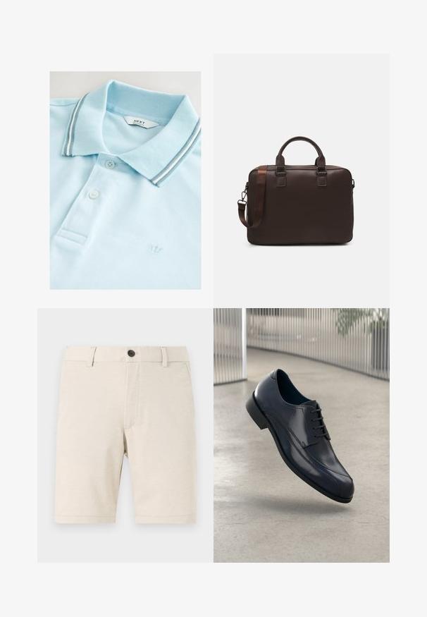 Jasnoniebieska koszulka polo wykonana z teksturowanej tkaniny. Posiada klasyczny kołnierz w szare i białe paski, dwa guziki oraz małe logo korony.; Beżowe szorty wykonane z lekkiego materiału, z zapięciem na guzik z przodu, szlufkami na pasek i gładką fakturą. Rąbek jest prosty.; Lśniący czarny skórzany but na obcasie z sznurówkami, unoszący się nad gładką, jasnoszarym podłogą oraz pionowymi metalowymi prętami w tle.; Brązowa skórzana torba na laptopa z teksturowaną powierzchnią, podwójnymi uchwytami na górze, regulowanym paskiem oraz dwoma przednimi klamrami dla dodatkowego stylu.