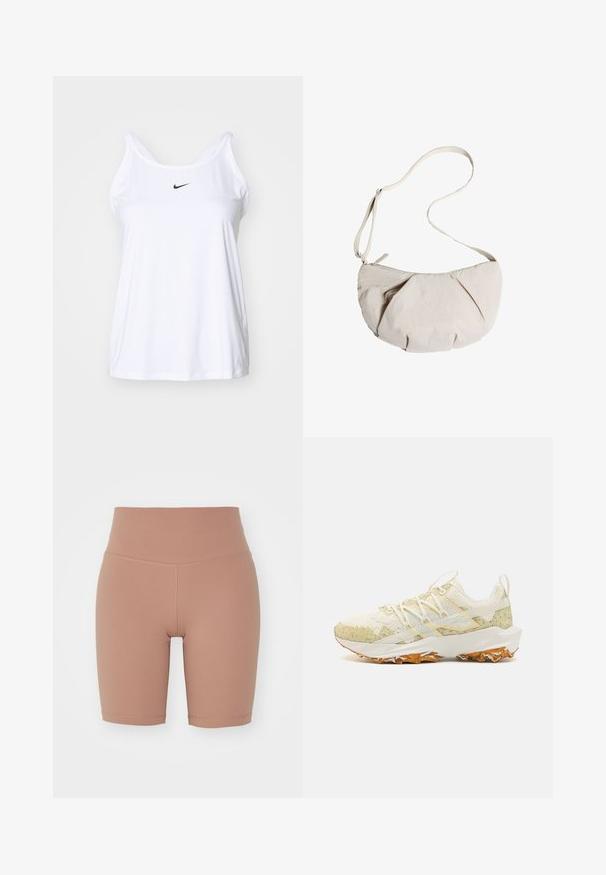 White sleeveless athletic tank top made of lightweight fabric. Features a rounded neckline and a small black Nike logo on the front.; High-waisted bike shorts in a beige color, made of stretchy material, featuring a smooth texture and clean seams for comfort and fit.; Athletic shoes in light cream with speckled green accents. Features a mesh upper, textured rubber sole, and flat laces.; Light beige fabric crossbody bag with a pleated design, adjustable strap, and a zip closure. Soft texture, rounded shape, minimalist style.; Black mesh running vest with side pockets for water bottles, adjustable drawstrings, and a lightweight design. Features breathable fabric.