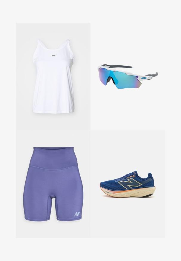 Balta be rankovių sportinė marškinėliai, pagaminti iš lengvos medžiagos. Yra apvalus iškirpimas ir mažas juodas Nike logotipas priekyje.; Aukšto juosmens purpurinės šortai, pagaminti iš elastingos medžiagos, su prigludusia forma, lygiu paviršiumi ir mažai baltai logotipui ant apatinės kojos.; Mėlyna bėgimo avalynė su kvėpuojančia tinkleline viršuje, paminkštintu kulkšnių kraštu ir minkštu padu su oranžiniu akcentu. Matoma "Fresh Foam" ženklas.; Akiniai nuo saulės su balta rėmeliu, pilkų akcentų ir mėlynais veidrodiniais objektyvais. Sportiškas dizainas, aplink galvą prilipusios formos ir reguliuojamos nosies pagalvėlės.