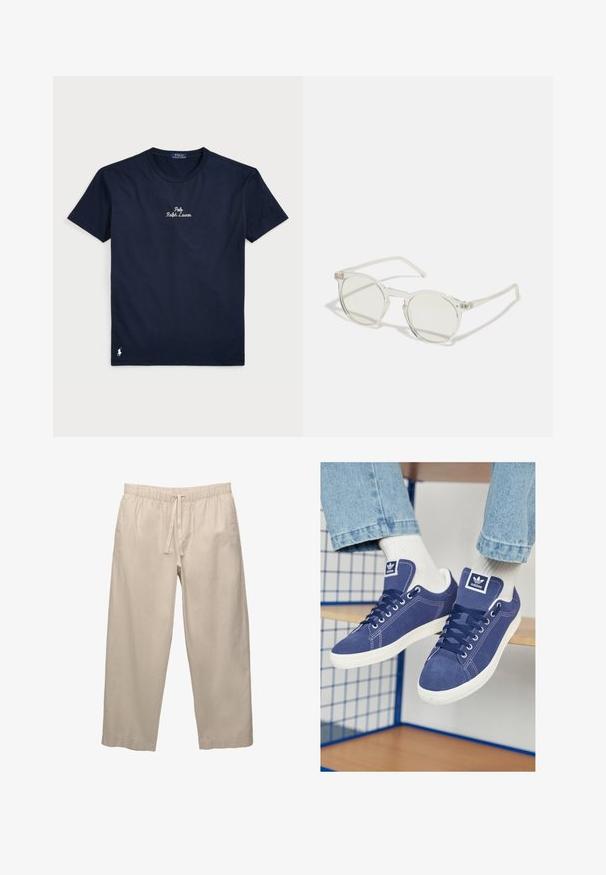 Námorně modré bavlněné tričko s krátkými rukávy, kruhovým výstřihem, vyšívaným logem "Polo Ralph Lauren" na přední straně a malým bílým logem koně na lemu.; Béžové, lehké bavlněné kalhoty s elastickým pasem a šňůrkou. Široký střih a ohrnuté lemy. Hladká textura, minimální detaily.; Tmavě modré tenisky Adidas vyrobené z semiše, s bílou gumovou podrážkou, kulatou špičkou a logem na jazyku. Viditelné jasně bílé ponožky.; Kulaté sluneční brýle s průhledným rámem, světle zelenými čočkami a tenkými, průhlednými bočními částmi. Rám má jemné kovové akcenty.