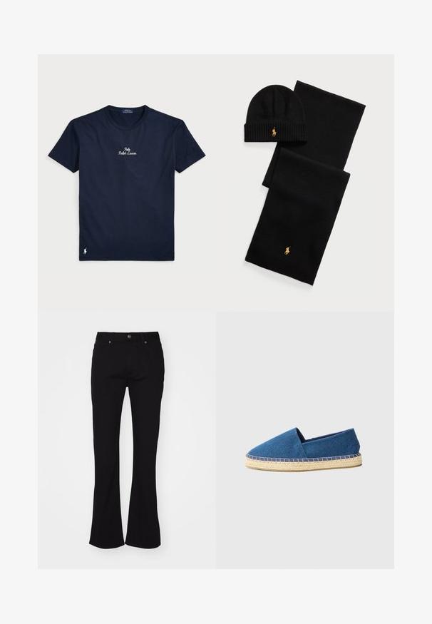 Sötétkék pamut póló rövid ujjakkal, kerek nyakkivágással, hímzett "Polo Ralph Lauren" logóval az elején, és egy apró fehér ló logóval az alján.; Fekete, magas derekú, bővülő nadrág öt zsebbel és elülső gombbal, fehér háttér előtt bemutatva.; Kék vászon espadrille zárt orral, juta talppal és varrott díszítéssel. Simább anyagtextúra és alacsony profilú dizájn.; Fekete kötött sapka és sál szett. Bordás textúrával és arany logókkal díszítve. Puha anyag, elegáns dizájnnal, hideg időjárásra alkalmas.