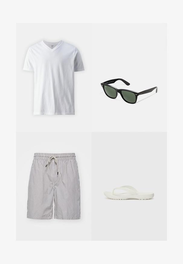 Rövid ujjú, V nyakú fehér póló, pamutból készült. Egyszerű dizájn, sima tapintású és laza fazonú.; Csíkos fürdőnadrág könnyű anyagból; kék függőleges csíkokkal, gumírozott derekkal és zsinórral, valamint oldalsó zsebekkel rendelkezik.; Fehér papucs minimalista dizájnnal, puha gumi anyagból készült, lapos talppal és Y-alakú pánttal a támasz érdekében.; Fekete műanyag napszemüveg zöld lencsékkel, négyzet alakú kerettel, ezüst díszítéssel a keret felső részén, valamint texturált szárakkal. A márka neve a belső száron található.