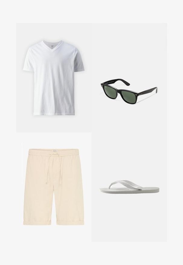 Kokvilnas baltā T-kreklā ar īsām piedurknēm un V veida kakla izgriezumu. Tam ir vienkāršs dizains ar gludu tekstūru un brīvu piegulšanu.; Beigtās kokvilnas šorti ar elastīgu jostu, regulējamu auklu un sarullētu apakšmalu, piemēroti ikdienišķai nēsāšanai.; Baltas čības ar teksturētu zoli un divām plānām siksniņām. Siksniņas ir gludas ar noslēpumainu zīmolu. Nav rakstu vai papildu akcentu.; Melnas plastmasas saulesbrilles ar zaļiem lēciem, kvadrātveida rāmjiem, sudrabainu akcentu uz uzacīm un teksturētām tempļu kājām. Zīmols norādīts uz iekšējās kājas.