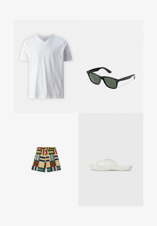 Camiseta blanca de algodón de manga corta y cuello en V. Presenta un diseño liso con una textura suave y un ajuste relajado.; Thinking Mu HENRY - Pantalones deportivos - pale yellow; Chanclas blancas con un diseño minimalista, fabricadas en un material de goma suave, con una suela plana y una correa en forma de Y para mayor soporte.; Gafas de sol de plástico negro con lentes verdes, montura cuadrada, acento plateado en la ceja y brazos texturizados. Marca indicada en el brazo interno.