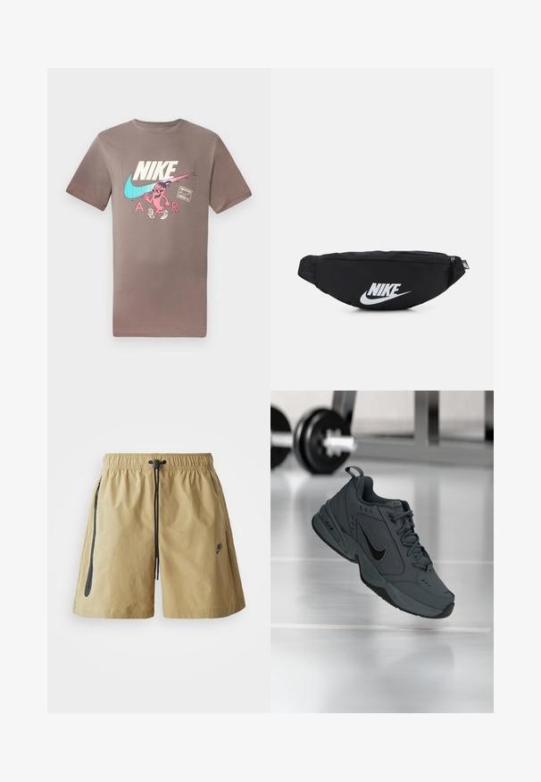 Brun bomulls t-skjorte med et fargerikt grafisk trykk av en karakter med solbriller, sammen med Nike- og Air-logoene i kontrasterende farger.; Lys brune shorts laget av lettvektstoff, med elastisk midjebånd med snor, sidelommer og en subtil logo-detalj.; Mørkegrå Nike Air Monarch-sko svevende innendørs med uskarpe treningsvekter i bakgrunnen på et glinsende gulv.; Svart nylon belteveske med glidelås, med en stor hvit Nike-logo. Jevn tekstur og ergonomisk design for komfortabel bruk.