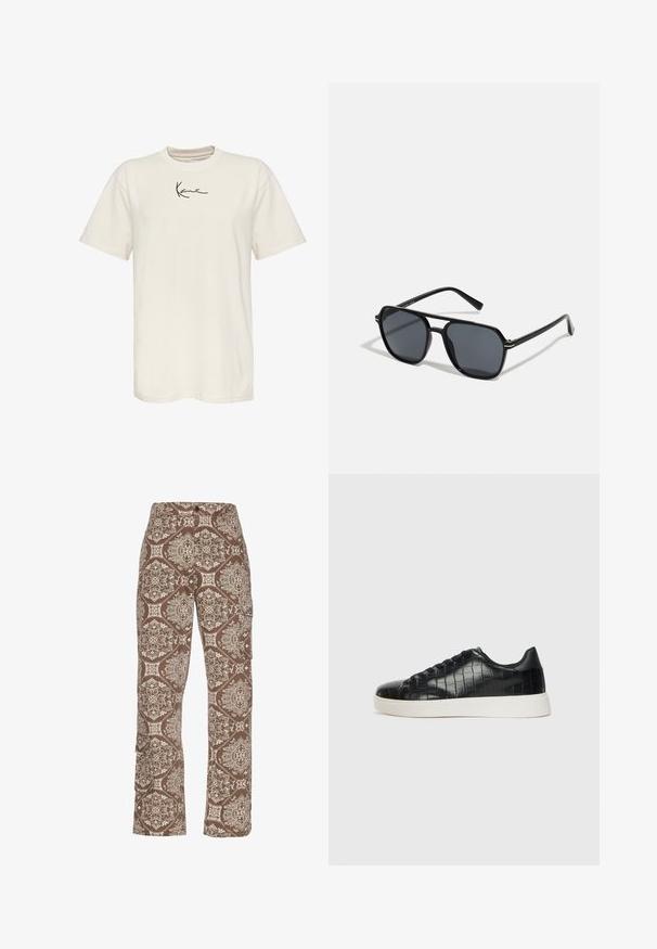 Krém színű pamut póló rövid ujjakkal, kerek nyakkal, és egy kis fekete aláírás logóval a bal mellen. Sima textúra, normál fazon.; Barna mintás cargo nadrág, bonyolult krém és világosbarna mintákkal, oldalsó zsebekkel és laza szabással.; Fekete sportcipő, amely texturált krokodilbőr felsőrésszel, kerek orral és sima felületű, kontrasztos fehér gumitalppal rendelkezik.; Fekete napszemüveg nyolcszögletű kerettel, sötét lencsékkel, fényes felülettel, vékony szárakkal és arany díszítéssel az elülső részén.