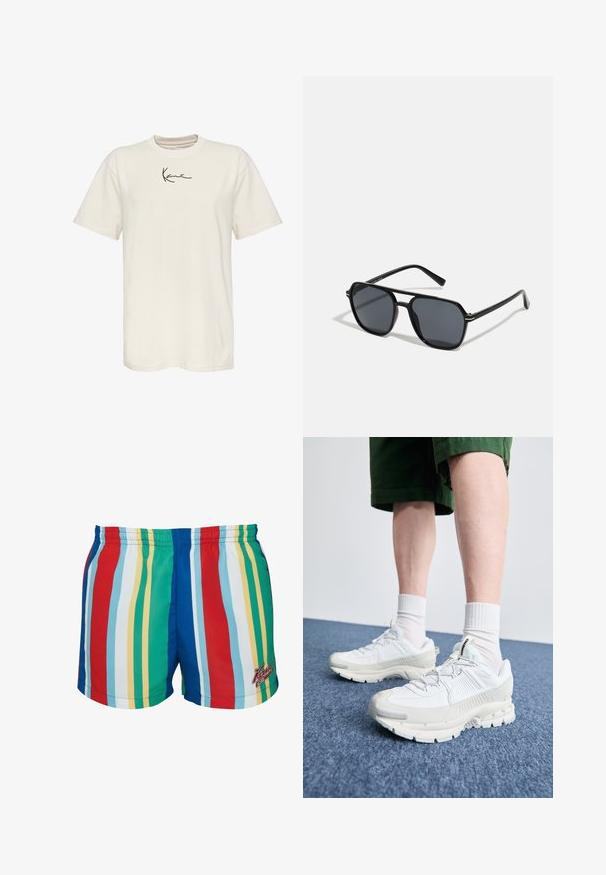 Kremo spalvos medvilnės marškinėliai su trumpomis rankovėmis, apvaliu iškirpimu ir mažuoju juodu logotipu kairėje krūtinės pusėje. Lygi tekstūra, standartinis išpjovimas.; Daugiakampės plaukimo šortai su vertikaliomis raudonos, mėlynos, žalios, geltonos ir baltos spalvų juostomis. Elastingas juosmuo su siuvinėtu logotipu.; Baltos sportinės bateliai su tekstūruotais uždengimais, masyviu padu ir pilkais akcentais. Dėvimi su baltais trumpais kojiniais ir žaliais šortais mėlyname paviršiuje.; Juodos akiniai nuo saulės su aštuonkampiu rėmeliu, tamsiais objektyvais, blizgiu paviršiumi, plonomis šakutėmis ir auksinėmis akcentais priekyje.