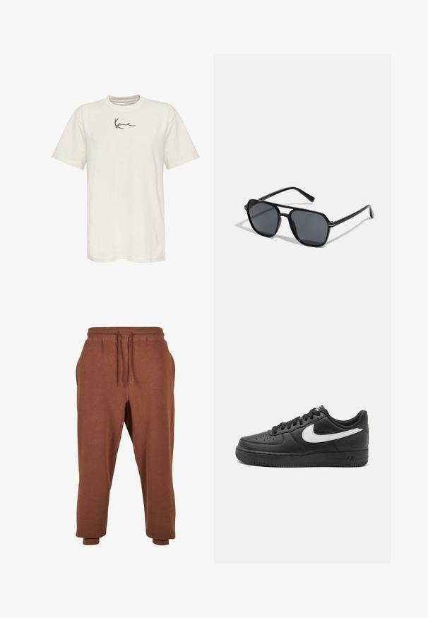 Cream cotton t-shirt with short sleeves, a round neck, and a small black signature logo on the left chest. Smooth texture, regular fit.; Urban Classics Tracksuit bottoms - bark; Black Nike Air Force 1 sneakers with a smooth leather upper, white logo accent, perforated toe, and textured rubber sole.; Black sunglases with octagonal frame, dark lenses, glossy finish, thin temples, and gold accents on the front.