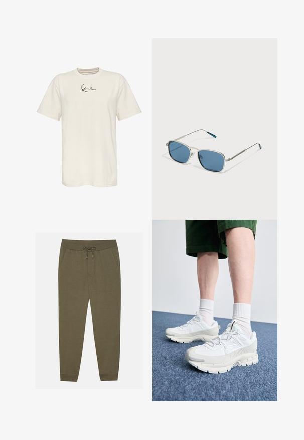 Cream cotton t-shirt with short sleeves, a round neck, and a small black signature logo on the left chest. Smooth texture, regular fit.; Olive green jogger pants with an elastic waistband, drawstring, side pockets, and tapered legs. Made of soft fabric with a smooth texture.; White athletic shoes with textured overlays, a chunky sole, and gray accents. Worn with white crew socks and green shorts on a blue surface.; Sunglasses with a silver metal frame, rectangular blue lenses, and thin arms. Features blue accents on the temple tips.