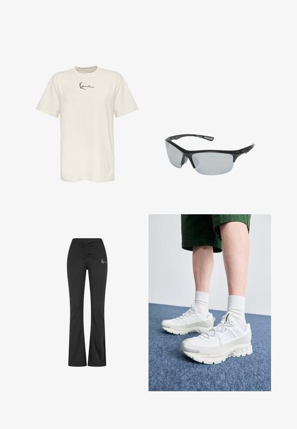 Kermakotoinen t-paita lyhyillä hihoilla, pyöreällä kauluksella ja pienellä mustalla signeerauslogolla vasemmassa rinnassa. Sujuva rakenne, normaali istuvuus.; Mustat leveälahkeiset housut, joissa on kerätty vyötärö, valmistettu pehmeästä ja joustavasta kankaasta. Vasemmalla puolella on pieni valkoinen logo.; Valkoiset urheilukengät, joissa on tekstuuriset päällysteet, paksu pohja ja harmaat yksityiskohdat. Yhdistetty valkoisiin putkisukkiin ja vihreisiin shortseihin sinisellä pinnalla.; Mustat muoviset urheilulasit harmailla linsseillä, aerodynaaminen muotoilu, kaareva rakenne ja tekstuurilla varustetut varret paremman pidon saavuttamiseksi.