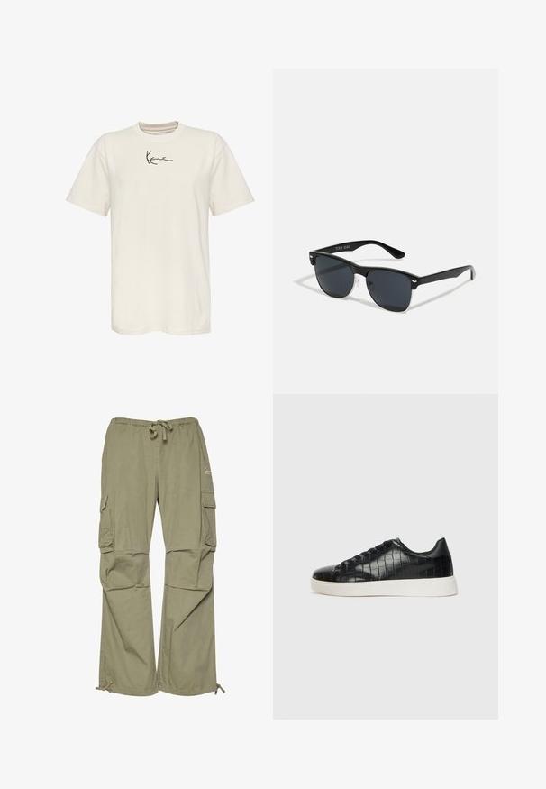 Kermakotoinen t-paita lyhyillä hihoilla, pyöreällä kauluksella ja pienellä mustalla signeerauslogolla vasemmassa rinnassa. Sujuva rakenne, normaali istuvuus.; Vihreät cargo-housut, jotka on valmistettu kevyestä kankaasta, jossa on joustava vyötärö, säädettävät hihnat ja useita sivutaskuja.; Musta lenkkarit, joissa on teksturoitu krokotiililla kohokuvioitu nahkapinta, pyöristetty varvas ja erottuva valkoinen kumipohja, jossa on sileä pinta.; Mustat aurinkolasit, joilla on suorakulmainen muoto, tummat linssit, hopeiset yksityiskohdat temppeleissä ja matta pinta kehykset.
