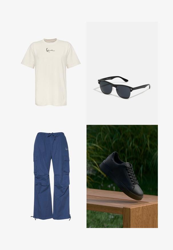 Krem majica od pamuka s kratkim rukavima, okruglim izrezom i malim crnim potpisom na lijevoj strani prsa. Glatka tekstura, običan kroj.; Plave cargo hlače od pamuka, s pojasom na vezivanje, dva bočna džepa i širokim krojem s manžetama na gležnjevima.; Crne kožne tenisice s vezicama čine se kao da lebde iznad drvene klupe, a u zamućenom pozadini su zelena trava i biljke.; Crne sunčane naočale pravokutnog oblika, tamne leće, srebrni detalji na sljepoočnicama i matirajuća završna obrada okvira.