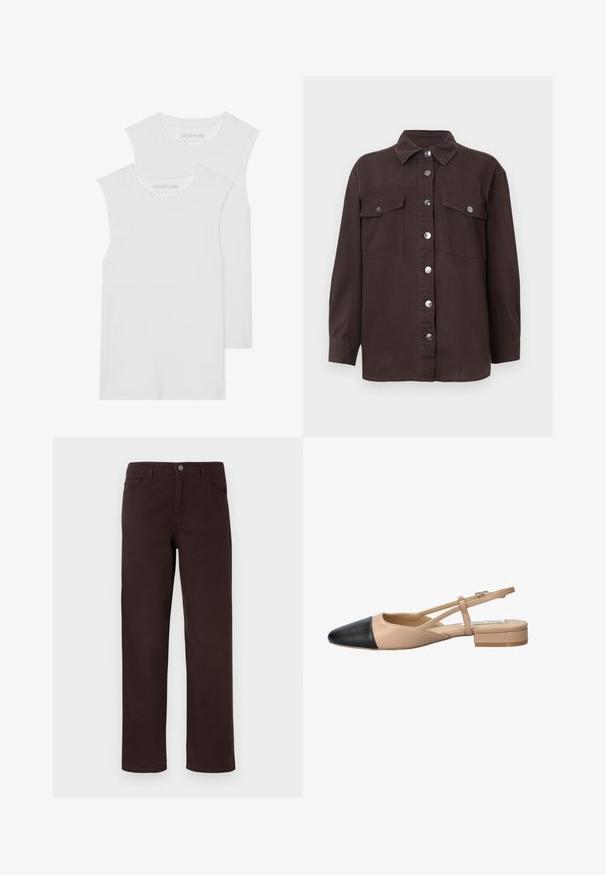 Dve biele tielka bez rukávov vyrobené z jemnej bavlny, s okrúhlym výstrihom a bez viditeľných vzorov či kovových prvkov.; Tmavohnedá košeľa-jacket z bavlny, s golierom, predným zapínaním na gombíky, dvomi náprsními vreckami a striebornými gombíkmi. Dlhé rukávy.; Hnedé bavlnené nohavice so strihom rovného nohavice, dvoma prednými vreckami a gombíkovým zapínaním na páse. Hladká textúra bez viditeľných vzorov.; Bežovo-čierne dvojfarebné slingback topánky s špicatou špičkou, plochým podpätkom a prekríženými detailmi remienkov. Hladká kožená textúra.