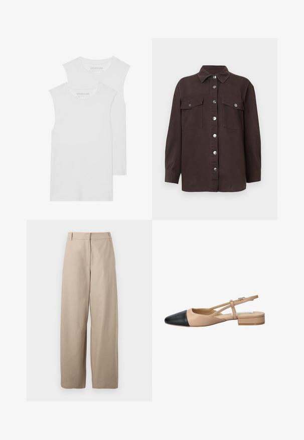 Két fehér, ujjtalan póló puha pamut anyagból, kerek nyakkivágással és látható minták vagy fémrészletek nélkül.; Sötétbarna pamut ingdzseki, gallérral, elülső gombos záródással, két mellzsebbel és ezüst színű gombokkal. Hosszú ujjú.; Beige, bővített lábú pamutra készült nadrág. Jellemzője a sima elülső rész, két oldalsó zseb és sima textúra. Egyszerű, funkcionális dizájn.; Beige és fekete, két tónusú, slingback cipő hegyes orral, lapos sarokkal és keresztbe fonott pánttal. Sima bőr textúra.