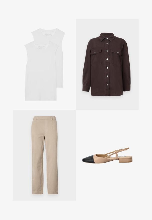 Two white sleeveless T-shirts made of soft cotton fabric, featuring a rounded neckline and no visible patterns or hardware.; Dark brown shirt jacket made of cotton, featuring a collar, front button closure, two chest pockets, and silver buttons. Long sleeves.; Beige cotton trousers with a straight leg design, featuring belt loops and no visible embellishments or patterns.; Beige and black two-tone slingback shoe with a pointed toe, flat heel, and crisscross strap detail. Smooth leather texture.