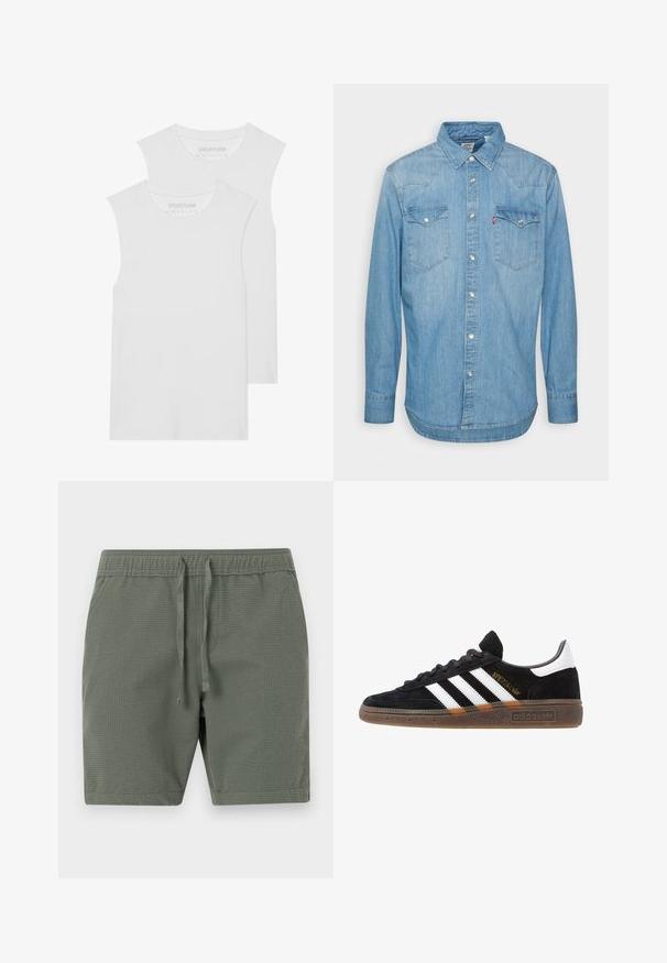 Dve biele tielka bez rukávov vyrobené z jemnej bavlny, s okrúhlym výstrihom a bez viditeľných vzorov či kovových prvkov.; Svetlomodrá denimová košeľa s dlhými rukávmi, špicatým golierom a dvoma náprsními vreckami. Obsahuje zapínanie na gombíky a zakrivený lem.; Olivové zelené šortky vyrobené z texturovanej tkaniny, s elastickým pásom a nastaviteľnými šnúrkami, s voľným strihom.; Čierne tenisky Adidas so bielymi pruhmi, zlatým textom "Spezial", gumenou podrážkou a bielym zadným pútkom, zobrazené z bočného pohľadu.