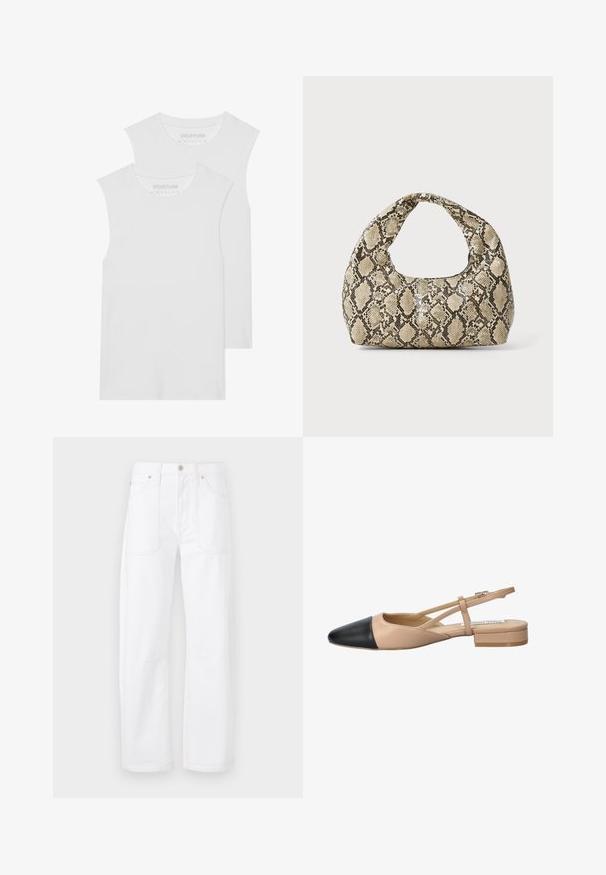 Kaks valget ilma varrukat T-särki, mis on valmistatud pehmest puuvillakangast, ümarate kaelustega ja ilma nähtavate mustrite või detailideta.; Valged teksapüksid sirge jala disainiga, kontrastsete oranžide õmblustega, viie tasku ja nööbi ning tõmbluku sulgemisega.; Beez ja must kahetooniline slingback king, millel on terav nina, lame konts ja ristuv rihma detail. Sile nahk tekstuur.; Musta käärmeprindiga kott kõveraga käepidemega. Valmistatud tekstiilsetest, beežidest ja pruunidest materjalidest, millel on iseloomulik rombikujuline muster.