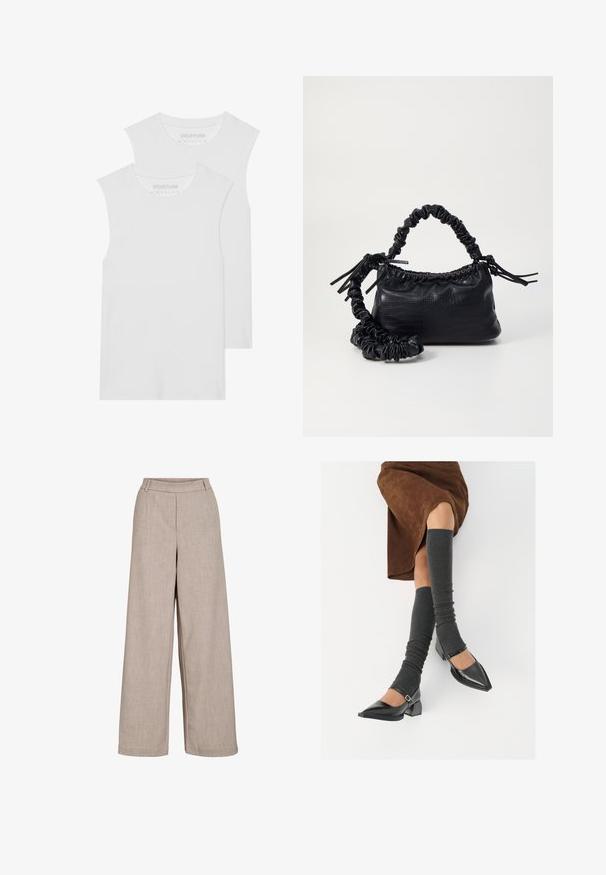 Two white sleeveless T-shirts made of soft cotton fabric, featuring a rounded neckline and no visible patterns or hardware.; Beige wide-leg trousers made of lightweight fabric. Features a smooth texture, a fitted waist, and side pockets for functional detail.; Black patent leather pointed-toe shoes with a block heel and ankle strap, paired with gray ribbed leg warmers and a brown suede skirt.; Black faux leather handbag with a crocodile texture, cinched top, and a scrunched strap. Appears soft and compact in design.
