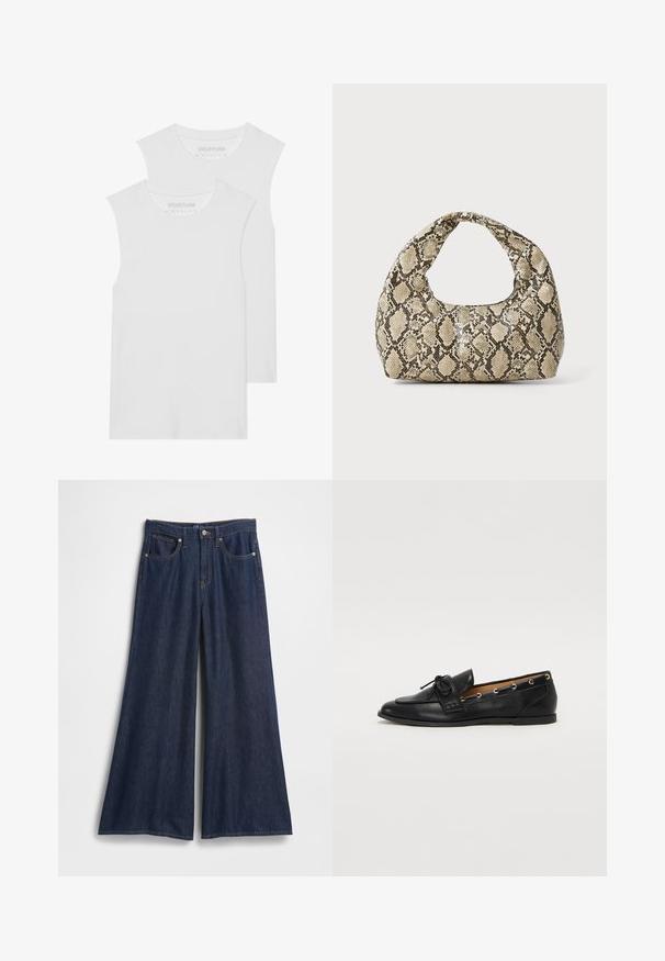 Du du baltos be rankovių marškiniai, pagaminti iš minkštos medvilnės, su apvaliu kaklu ir be akivaizdžių raštų ar aksesuarų.; Plačiomis kojomis džinsai tamsiai mėlynos spalvos. Turi aukštą liemenį, penkias kišenes ir kontrastingas siūles. Lygi tekstūra su tvarkinga apačia.; Juodi odiniai loafai su surišta mazgeliu, su auksinėmis akytėmis šoninėse dalyse ir plokščiu guminiu padu. Lygus paviršius, klasikinis dizainas.; Gyvatės rašto rankinė su kreiviu rankenėle. Pagaminta iš tekstūruotų smėlio ir rudos spalvos medžiagų, su išskirtiniu rombo raštu.