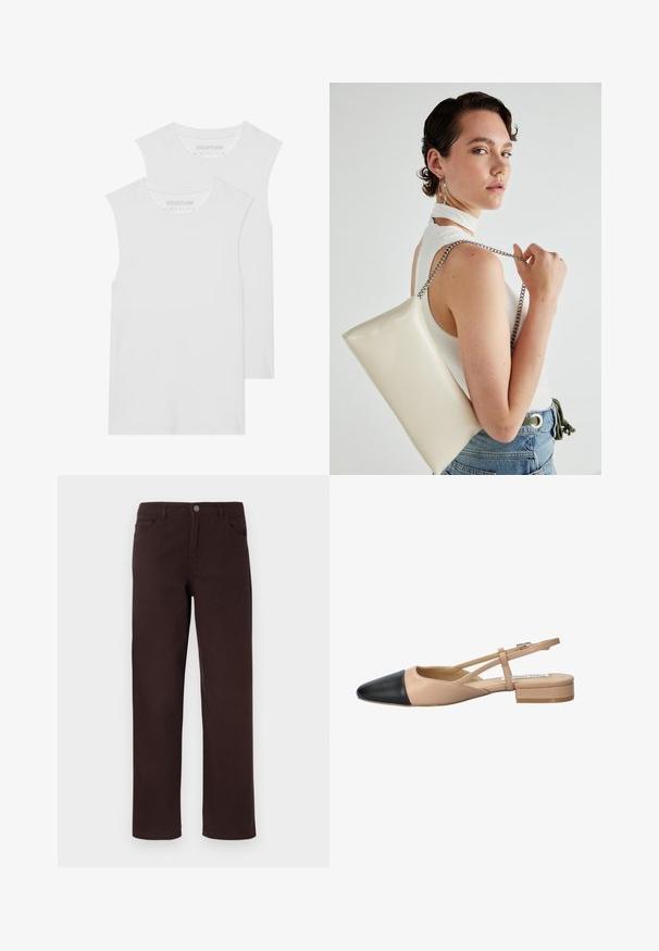 Du du baltos be rankovių marškiniai, pagaminti iš minkštos medvilnės, su apvaliu kaklu ir be akivaizdžių raštų ar aksesuarų.; Rudi medvilniniai kelniai su tiesiomis kojomis, dviem priekinėmis kišenėmis ir mygtukų užsegimu juosmenyje. Lygus paviršius be matomų raštų.; Kreminė ir juoda dviejų tonų slingback avalynė su smailiu pirštu, plokščiu kulnu ir kryžminiu dirželiu. Lygaus odos paviršius.; Balta, stačiakampio formos rankinė pagaminta iš blizgaus medžiagos, su sidabriniu virvute. Modelis pozavo, demonstruodamas rankinę prieš paprastą foną.