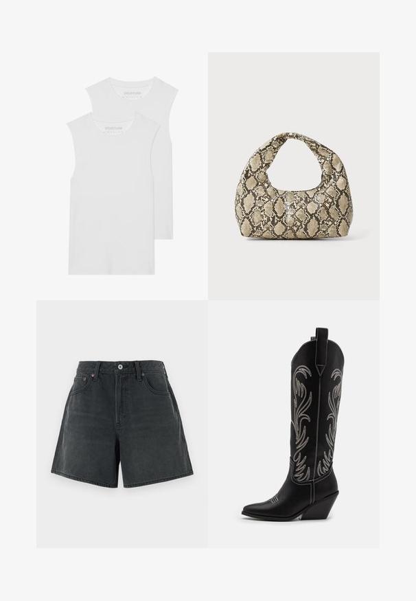 Due magliette bianche senza maniche in morbido cotone, con scollatura tonda e senza motivi o dettagli visibili.; Shorts in denim grigio scuro, con vita alta, design classico a cinque tasche e una linea dritta pulita con una texture leggermente sbiadita.; Stivali da cowboy in pelle nera con punte affusolate, tacchi a zoccolo e motivi floreali ricamati in argento lungo il gambale. Cuciture a contrasto in tutto lo stivale.; Borsa a stampa rettile con manico curvo. Realizzata in materiali testurizzati beige e marroni, presenta un distintivo motivo a rombi.