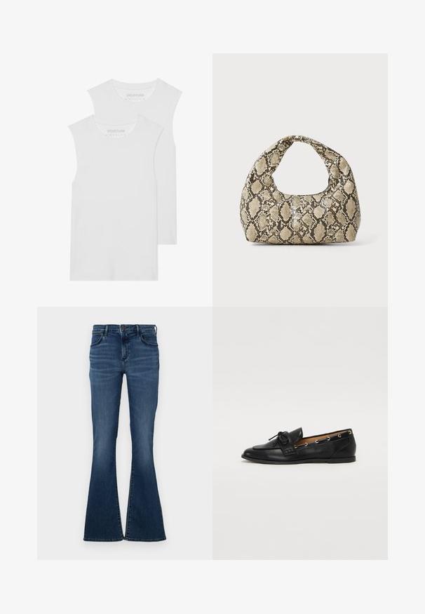 Două tricouri albe fără mâneci, realizate dintr-un material moale din bumbac, având un decolteu rotund și fără modele sau accesorii vizibile.; Jeans evazați de culoare albastru închis, cu un design cu cinci buzunare, material din denim, talie cu închidere cu buton și o ușoară decolorare pe față.; Mocasini din piele neagră cu fundiță legată, având accente aurii sub formă de ochiuri pe laterale și o talpă plată din cauciuc. Textură netedă, design clasic.; Geantă cu imprimeu de șarpe, având un mâner curbat. Fabricată din materiale texturate, bej și maronii, cu un model distinctiv în formă de diamant.