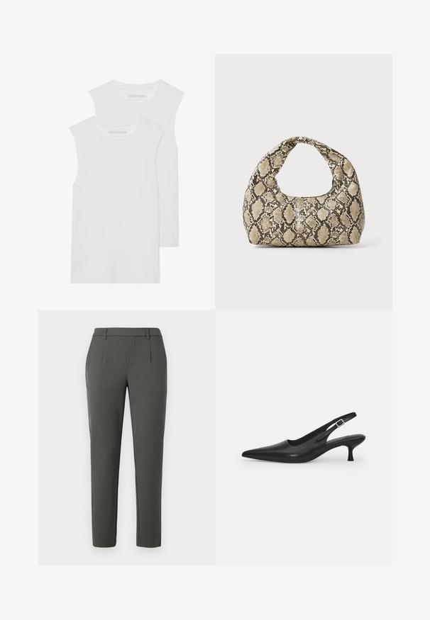 Deux t-shirts blancs sans manches en coton doux, avec un col rond et sans motifs ni éléments apparents.; Pantalon vert foncé avec une coupe ajustée, doté de deux poches latérales, d'une braguette zippée et de détails de pli pour un design structuré.; Chaussure slingback en cuir noir avec un bout pointu et un talon fin et incurvé. Dispose d'une sangle ajustable discrète avec une boucle en métal.; Sac à main en motif serpent avec une poignée incurvée. Fabriqué à partir de matériaux texturés beiges et bruns, présentant un motif en diamant distinctif.