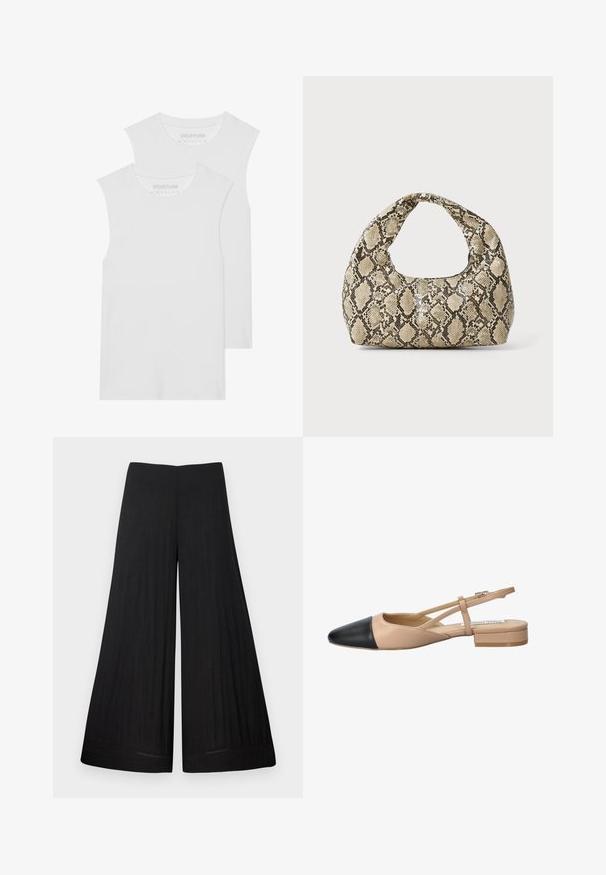Twee witte mouwloze T-shirts van zachte katoenstof, met een ronde halslijn en zonder zichtbare patronen of hardware.; Zwarte wijde pijpen broek gemaakt van lichtgewicht stof. Bevat een plat tailleband en vloeiend materiaal, met minimale stikseldetails.; Beige en zwarte twee-tonen slingback schoen met een spitse neus, platte hak en kruislings banddetail. Gladde leren textuur.; Slangpatroon handtas met een gebogen handvat. Gemaakt van gestructureerde, beige en bruine materialen, met een kenmerkend ruitpatroon.