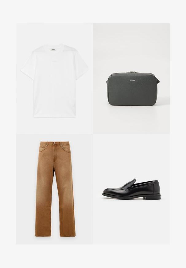 T-shirt bianco in cotone con collo rotondo, maniche corte e un logo discreto stampato sul davanti. Texture liscia e design semplice.; Jeans in denim marrone a gamba larga con vita alta, dotati di due tasche anteriori, chiusura con bottone e una sottile texture. Nessun motivo o dettaglio visibile.; Mocassini neri in pelle con una texture liscia, punta arrotondata e una striscia decorativa sulla tomaia. Tacco basso impilato, design minimalista.; Borsa a tracolla rettangolare nera con texture, dotata di doppia cerniera argentata e piccolo logo "Sandro" centrato sul fronte.